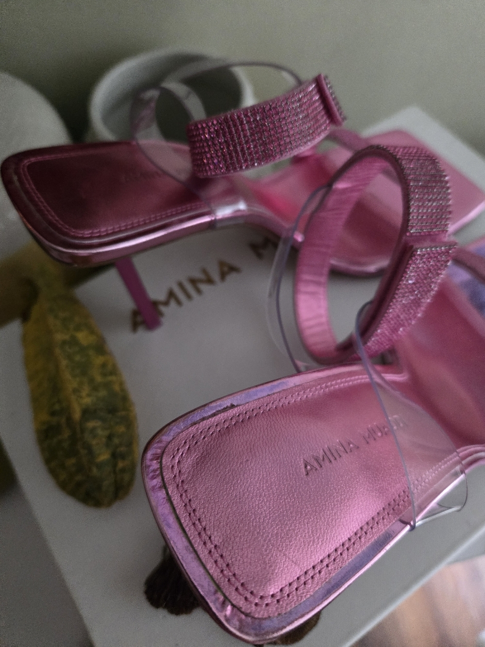 GUC Amina Muaddi Pink Mirror Rih Heel Sandals Women Womens Size 38 IT 7.5-8 US - Picture 7 of 16